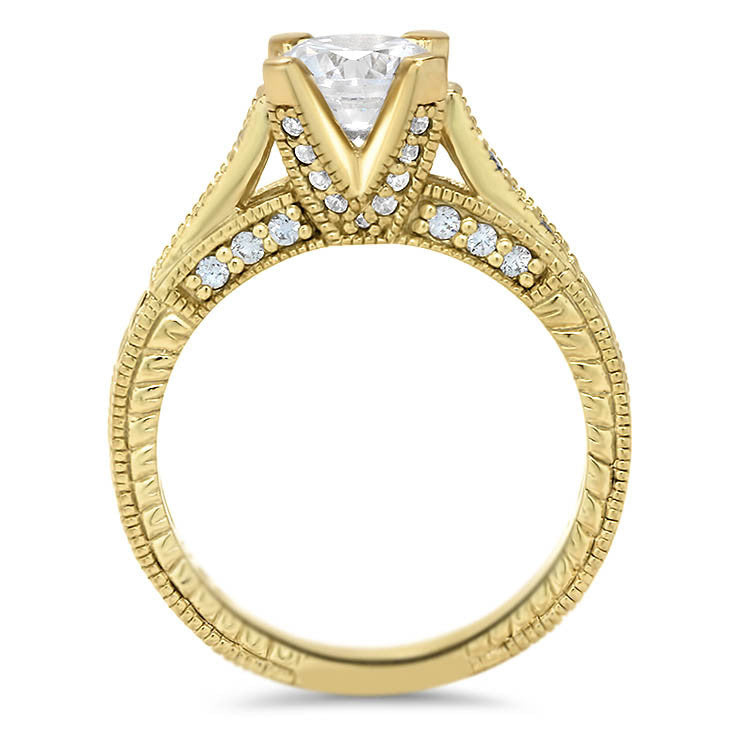 Vintage Inspired Set Engagement Ring and Wedding Band - Royal Crown Wedding Set - Moissanite Rings