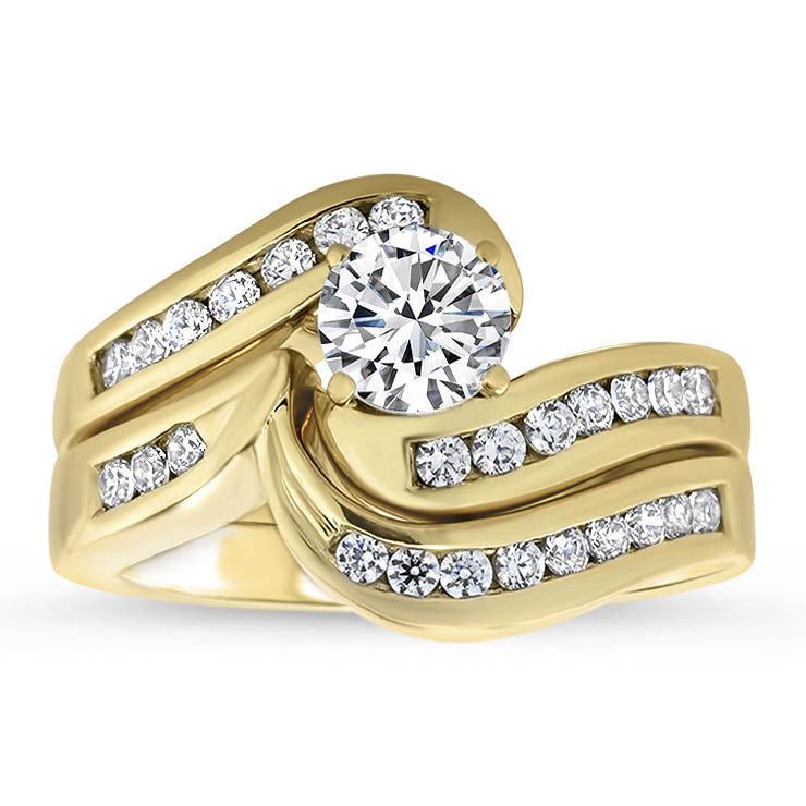 Diamond Channel Set Engagement Ring and Wedding Band  - Gloria Wedding Set - Moissanite Rings