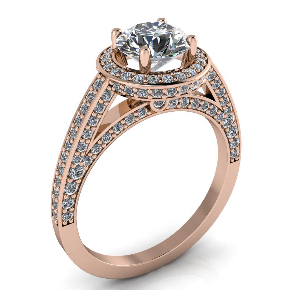 Diamond Halo Round Center Moissanite Engagement Ring - Valentina Round - Moissanite Rings