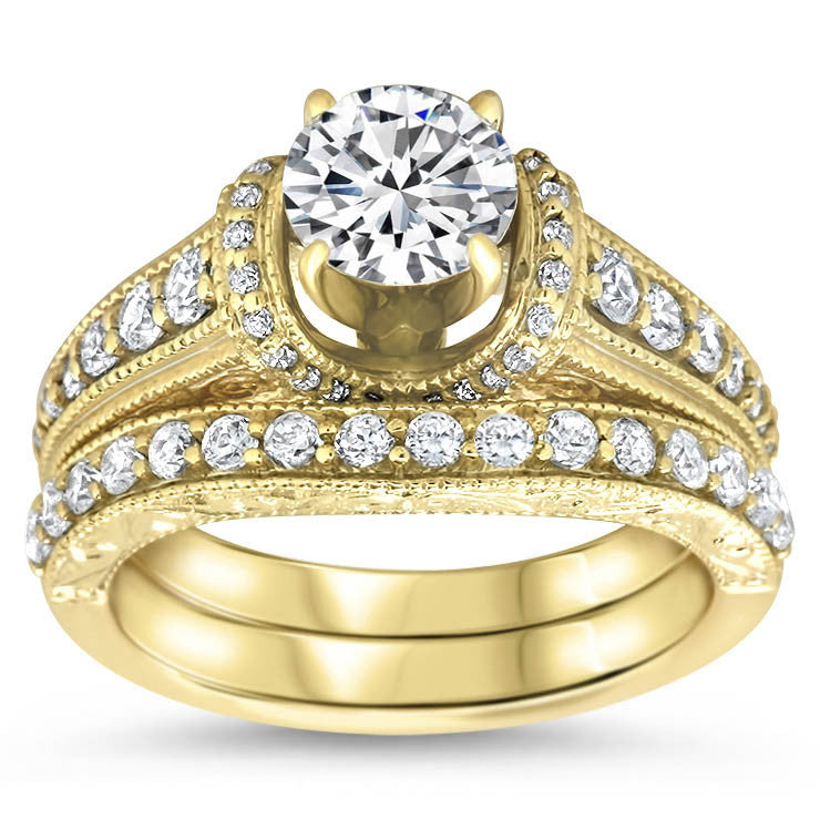 Vintage Inspired Wedding Set Engagement Ring and Band - Vanna Set - Moissanite Rings