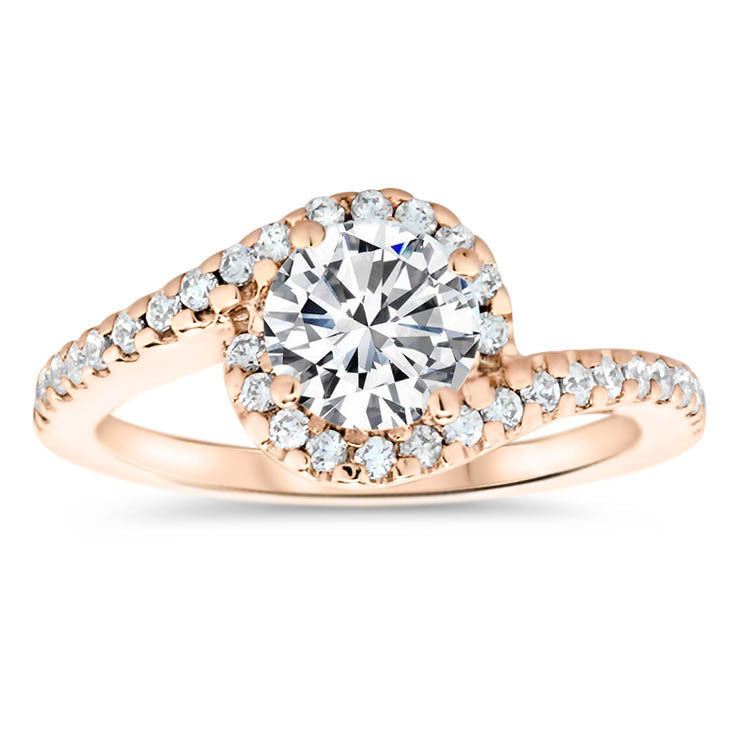 Bypass Diamond Halo Engagement Ring and Wedding Band - Whirlwind Matching Set - Moissanite Rings