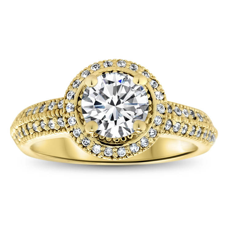 Millgrain Knife Edge Diamond Halo Moissanite Center Engagement Ring - Cindy - Moissanite Rings