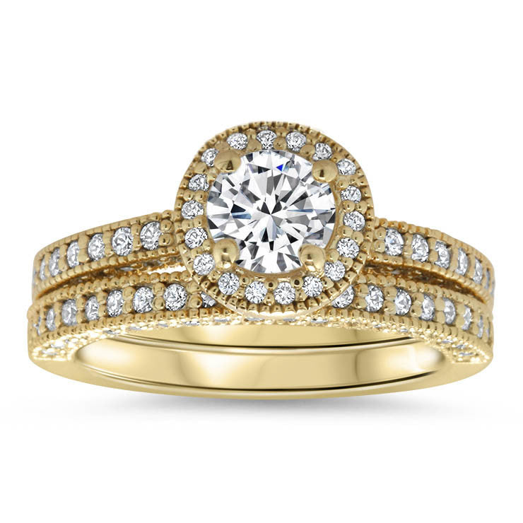 Diamond Halo Engagement Ring - Roberta Matching Set - Moissanite Rings