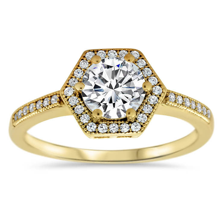 Hexagon Shaped Diamond Halo Moissanite Center Engagement Ring - Glam - Moissanite Rings