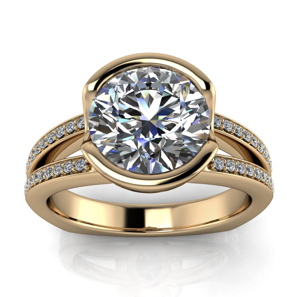 Half Bezel Set Engagement Ring Split Shank Diamond Band - Vidal - Moissanite Rings