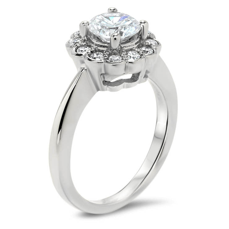 Floral Style Bezel Set Diamond Halo Moissanite Center Engagement Ring - Iris - Moissanite Rings