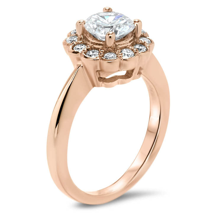 Floral Style Bezel Set Diamond Halo Moissanite Center Engagement Ring - Iris - Moissanite Rings