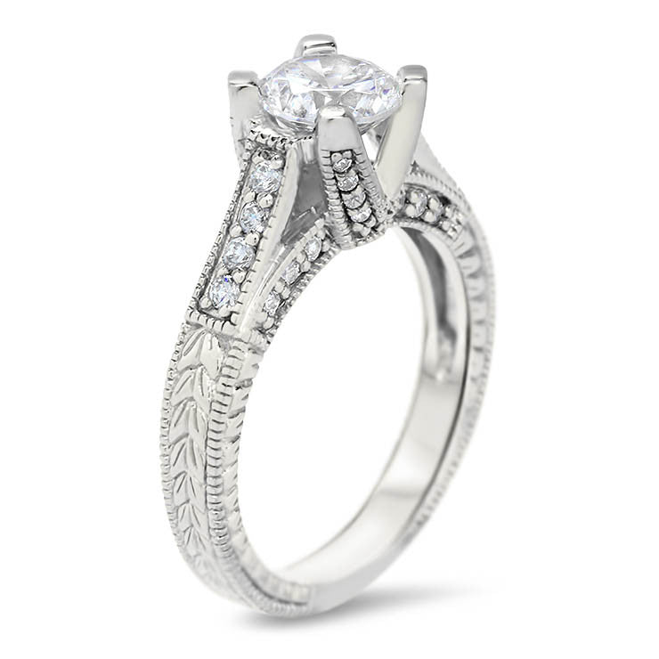 Vintage Inspired Carved Diamond Engagement Ring - Royal Crown - Moissanite Rings