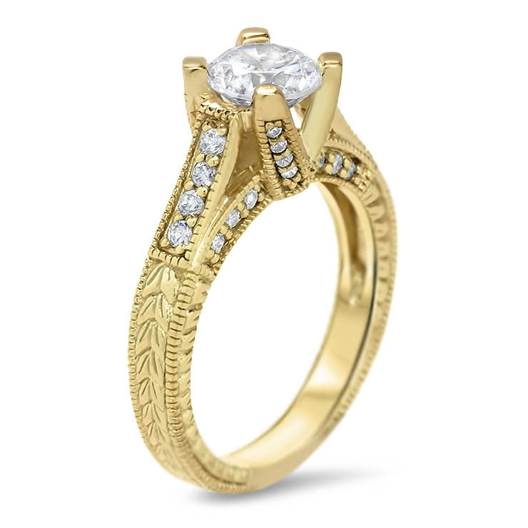 Vintage Inspired Carved Diamond Engagement Ring - Royal Crown - Moissanite Rings