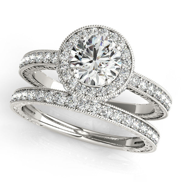 Diamond Halo Wedding Set Forever One Moissanite Center - Finn - Moissanite Rings