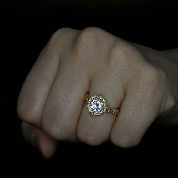 Yellow Gold  Vintage Style Moissanite Engagement Ring - Maria - Moissanite Rings