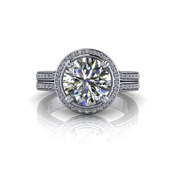 Rose Gold Diamond Halo 8 mm Moissanite Engagement Ring - Sunrise - Moissanite Rings
