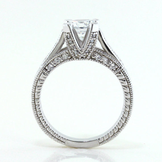 Engraved Engagement Ring - Royal Crown - Moissanite Rings
