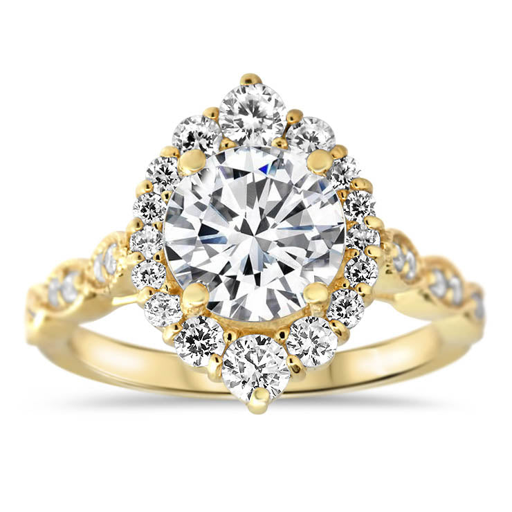 Elongated Diamond Halo Engagement Ring Vintage Style Band - Melissa II - Moissanite Rings