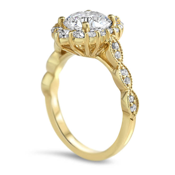 Elongated Diamond Halo Engagement Ring Vintage Style Band - Melissa II - Moissanite Rings