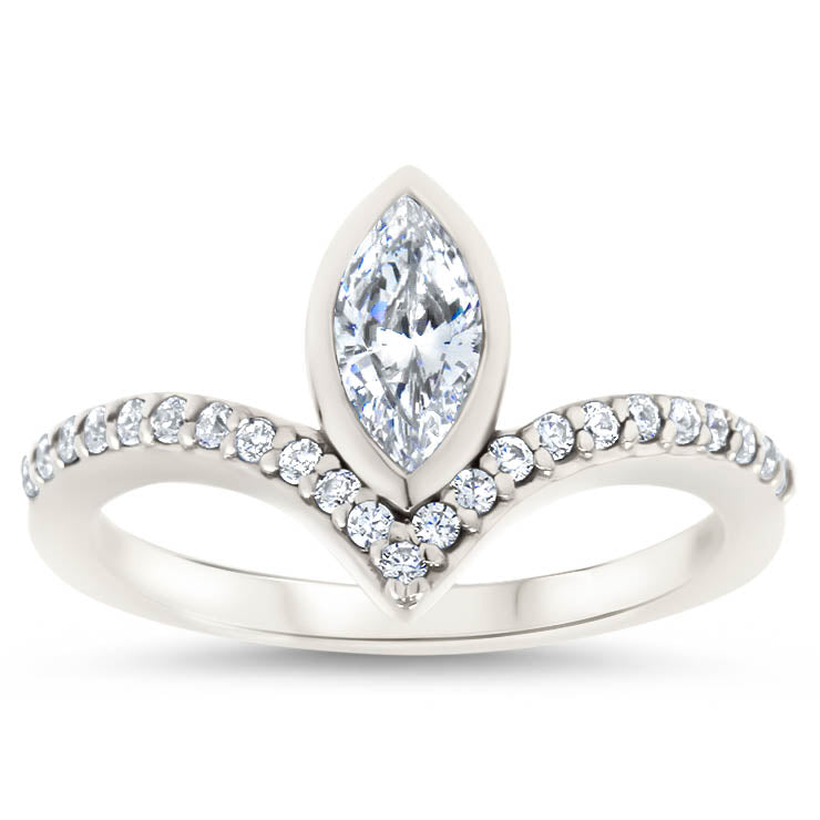 Diamond Chevron Halo Engagement Ring Marquise Center Stone Ring Moissanite Engagement - Aurora - Moissanite Rings