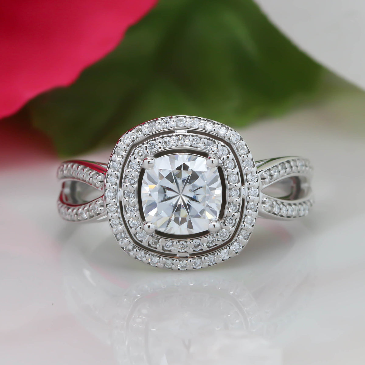 Cushion Cut Engagement Ring Double Halo Diamond Setting Moissanite Center - Julissa - Moissanite Rings