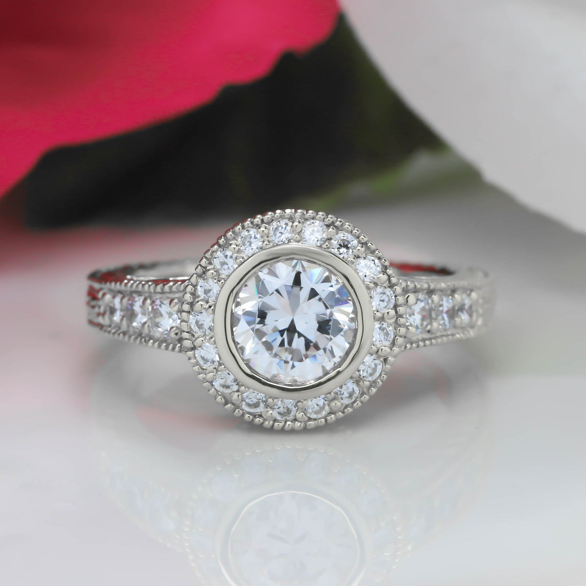 Bezel Set Diamond Engagement Ring Forever One Moissanite Center - Callie - Moissanite Rings