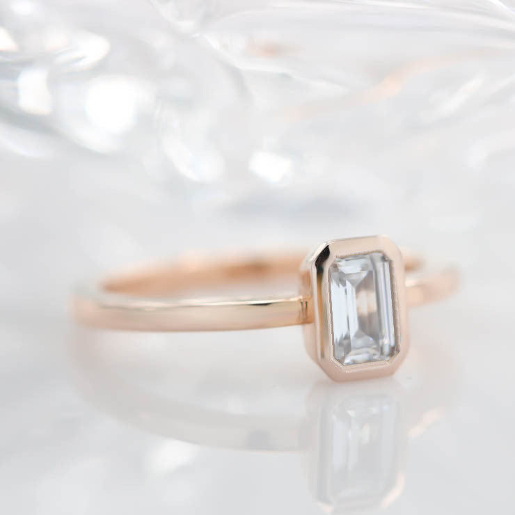Emerald Cut Moissanite Engagement Ring Bezel Set Stone Thin Band - Esmeralda - Moissanite Rings