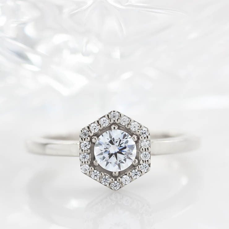 Hexagon Halo Diamond and Moissanite Engagement Ring Unique Ring  - Harper - Moissanite Rings