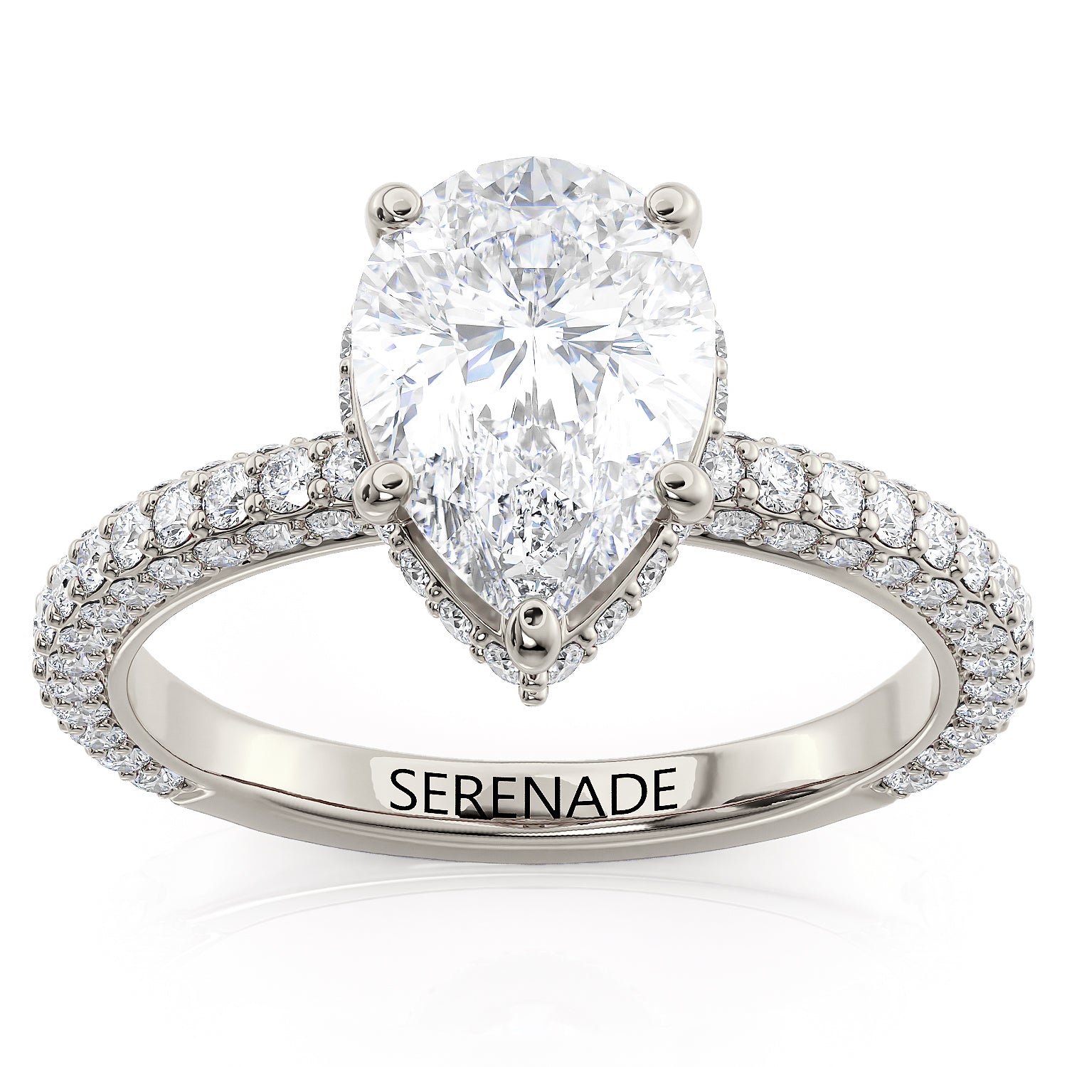 3 Row Hidden Halo Pear Engagement Ring Pearly Moissanite Rings