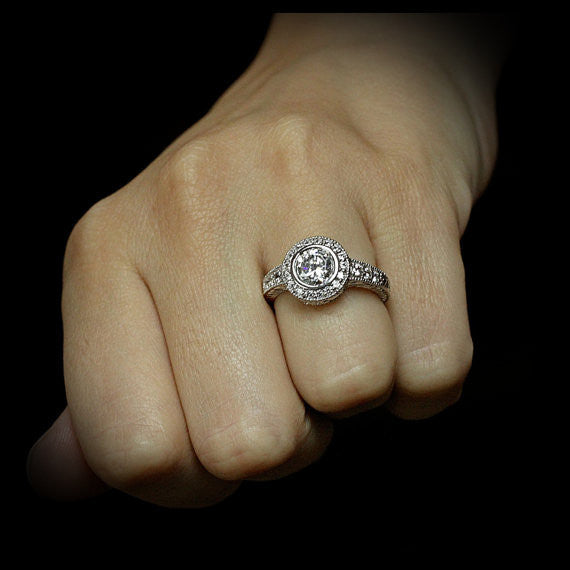 Bezel Set Moissanite Engagement Ring Carved Vintage Style - Kat - Moissanite Rings