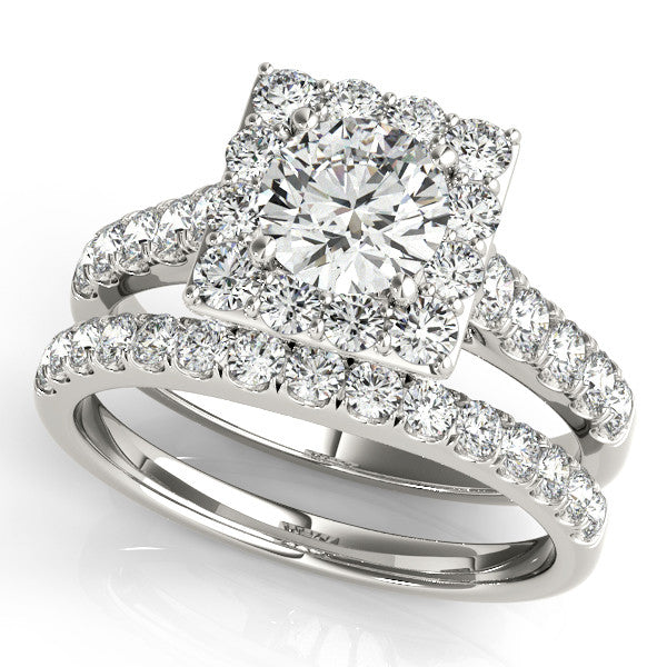 Square Shape Diamond Halo Wedding Set 7.5mm  Round Moissanite Center - Lina - Moissanite Rings