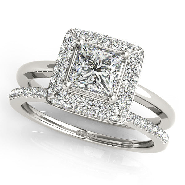 Wedding Set Princess Cut Bezel Set Diamond Halo Engagement Ring with Matching Diamond Band - Belle - Moissanite Rings
