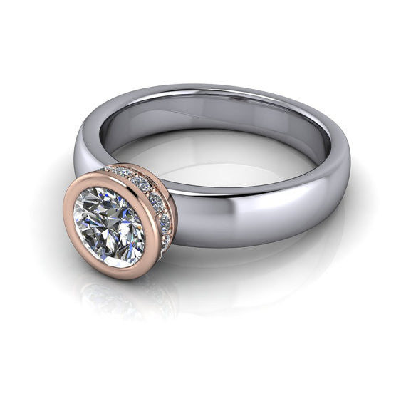 Two Tone Bezel Set  Moissanite Solitaire Engagement Ring- Wrapped in Love II Rose and White - Moissanite Rings